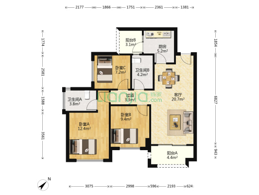 朗基御香 3室1厅2卫 82平方