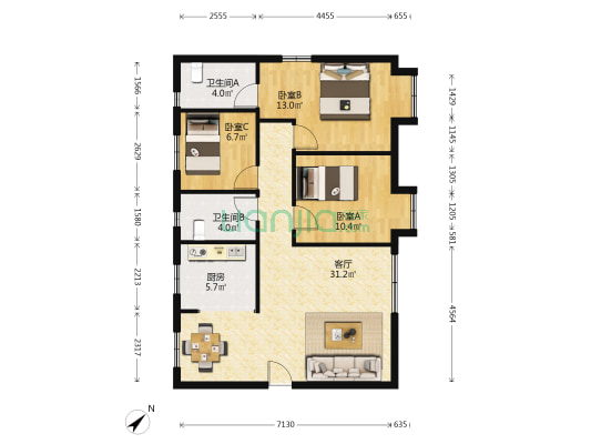 峰景台大厦 3室1厅2卫 107平方