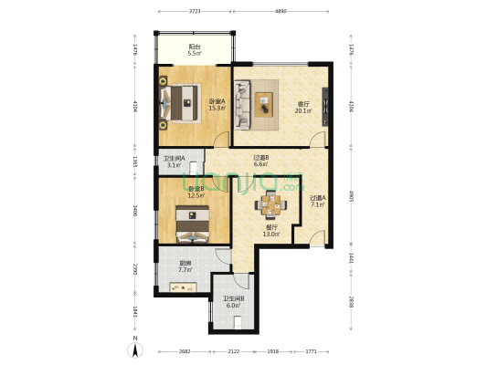 电信小区(未央) 2室2厅2卫 123平方