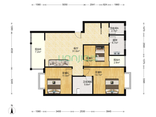 恒和华园 3室1厅2卫 107平方