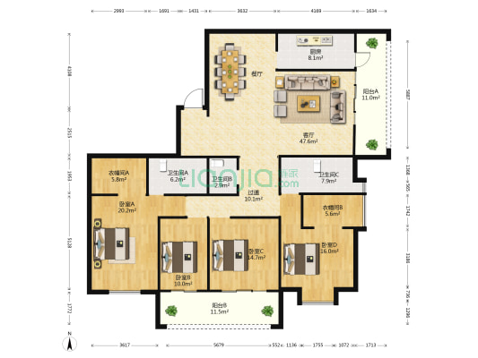 云路中心 4室1厅3卫 236平方