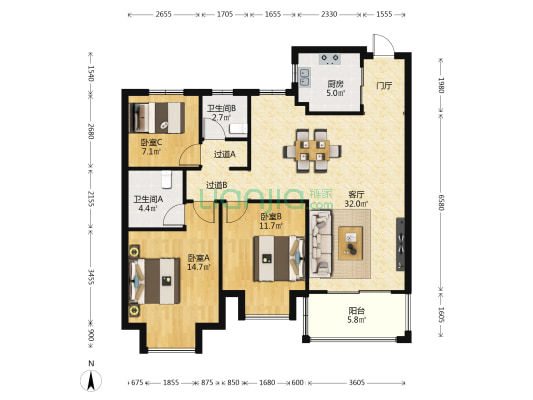 绿地西水晶舍 3室1厅2卫 120平方