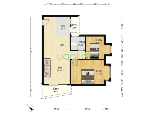 世纪新潮豪园 2室1厅1卫 87平方