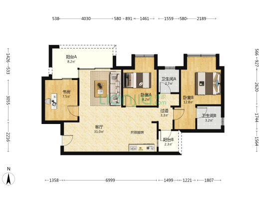 融创寻光江徕 3室1厅2卫 88平方