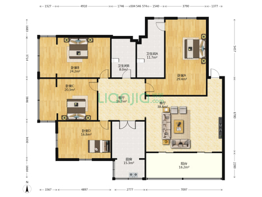 棕港公寓 4室2厅2卫 232平方
