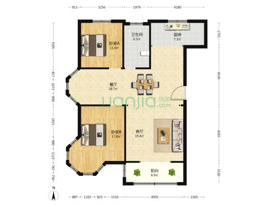 九鼎东方花园东区 2室2厅1卫 128平方