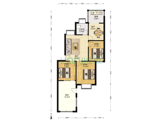 阳光春城 3室2厅1卫 74平方
