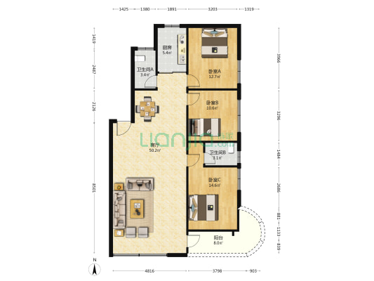 富国小区 3室1厅2卫 128平方