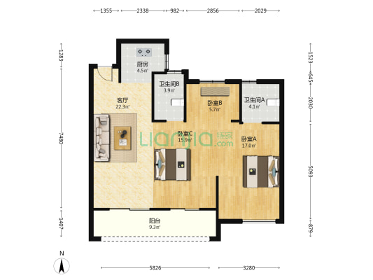 宏地悦名庭 3室1厅2卫 98平方