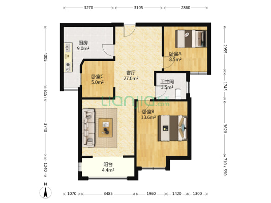 富强都市乾元 3室1厅1卫 89平方