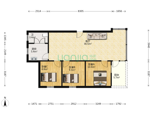 星威楼 3室1厅1卫 87平方