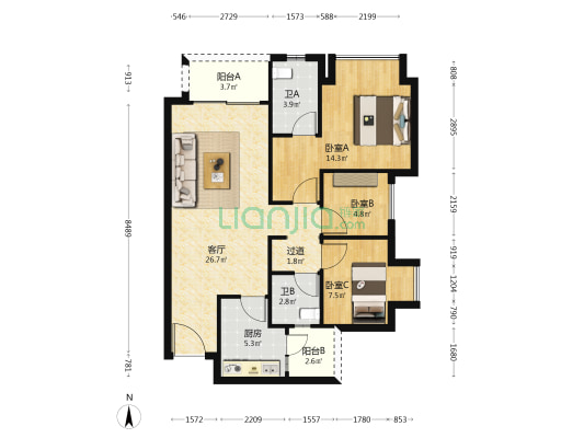 重庆融创城二期 3室1厅2卫 90平方