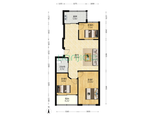 红旗工业园区 3室1厅1卫 90平方