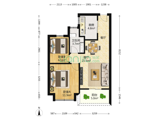 恒大滨河左岸 2室1厅1卫 86平方
