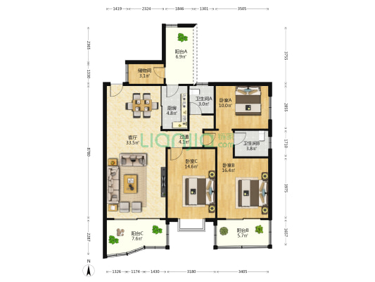 区安监局衡阳小区 3室1厅2卫 127平方
