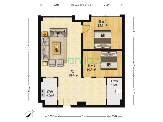 大华国际公寓 2室1厅1卫 95平方