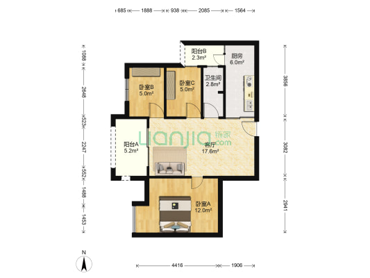 景瑞御蓝湾西区 3室1厅1卫 68平方