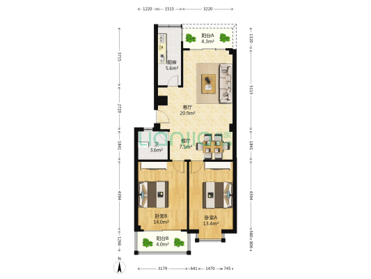 家家景园 2室2厅1卫 85平方