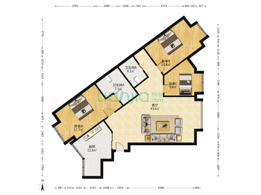 商业街3号 3室1厅2卫 135平方