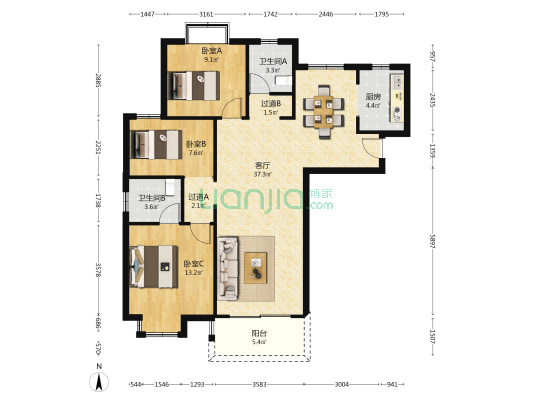 蒋湾花园A区 3室1厅2卫 113平方