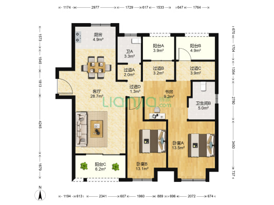 天骄花苑 3室1厅2卫 120平方
