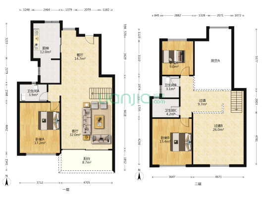 星河丹堤N区 3室2厅3卫 178平方
