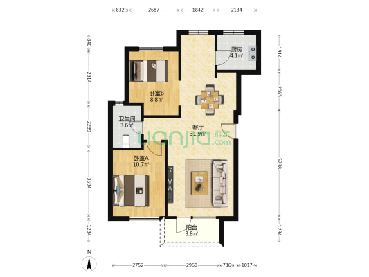 景泰玫瑰园 2室1厅1卫 82平方
