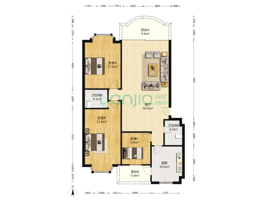 亲江家园 3室1厅2卫 135平方