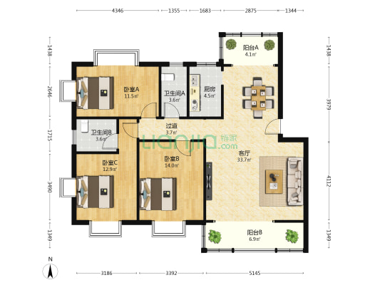 广州市牛奶研究所 3室1厅2卫 111平方