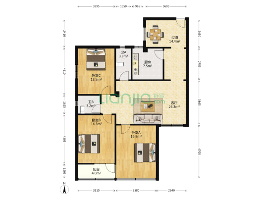 公园南路25街坊 3室1厅2卫 132平方