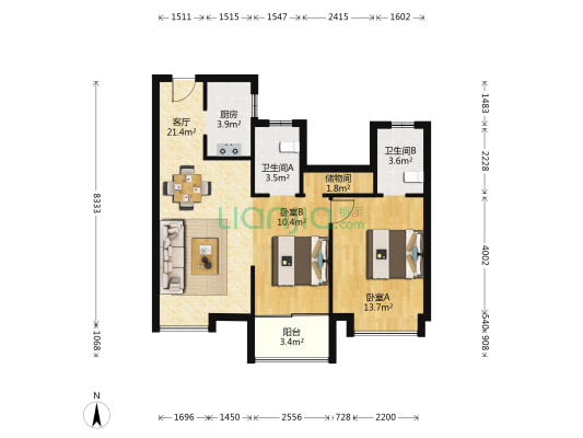 名瑞华府 2室1厅2卫 89平方