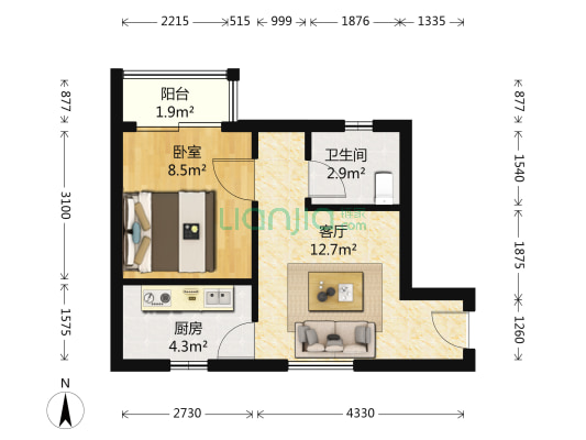 天兴家园 1室1厅1卫 52平方