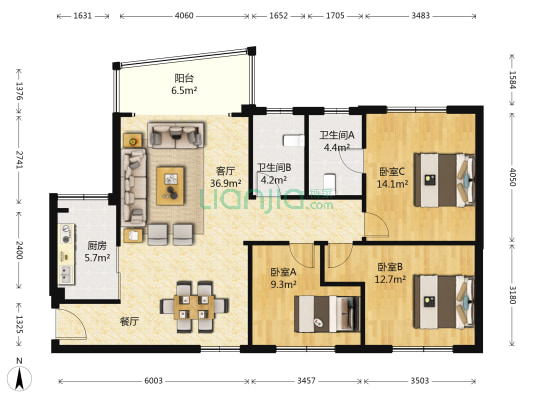 金蝶苑 3室1厅2卫 118平方