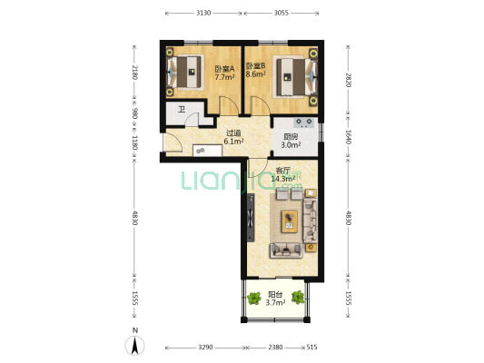 同顺里宿舍楼 2室1厅1卫 57平方