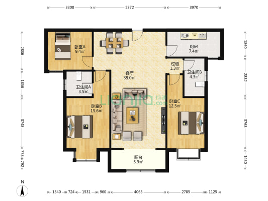 紫玉庄园 3室1厅2卫 127平方