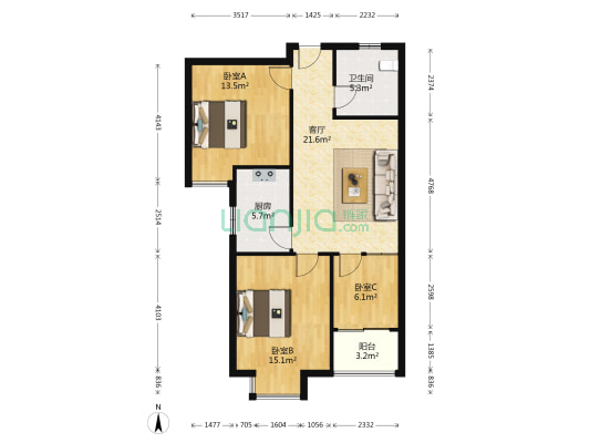 瑞泰和园A区 3室1厅1卫 93平方