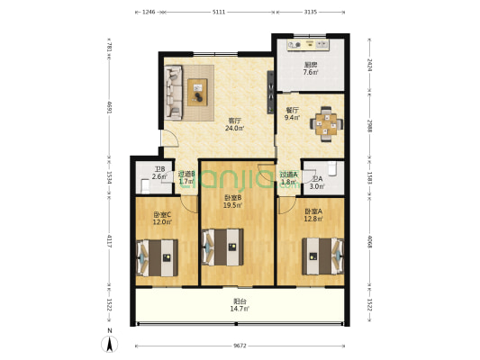 临潼土地局小区 3室2厅2卫 123平方