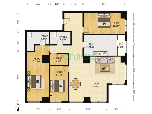 太阳广场 3室1厅2卫 218平方