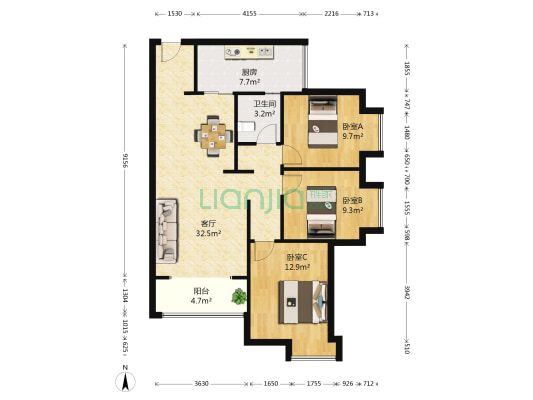 高铁2号 3室1厅1卫 98平方