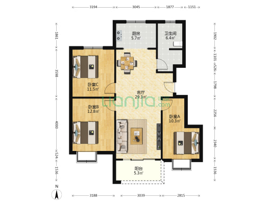 晨景嘉园A区 3室1厅1卫 104平方
