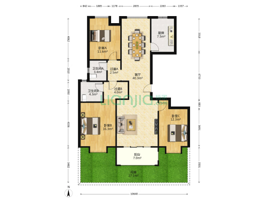 金辉世界城B区 3室1厅2卫 131平方