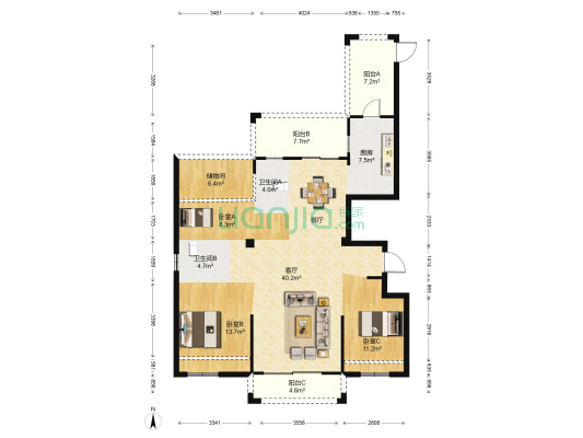 华泰中天熙岸 3室1厅2卫 124平方