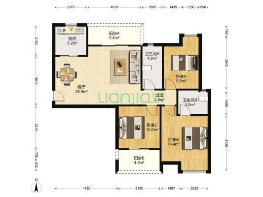 汉北玺园 3室1厅2卫 109平方