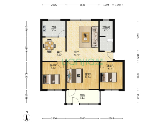 张家洼街道办事处教职工宿舍楼 3室2厅1卫 101平方