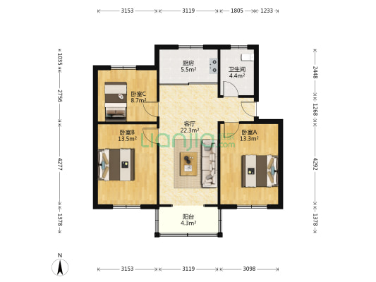 东城花园 3室1厅1卫 91平方