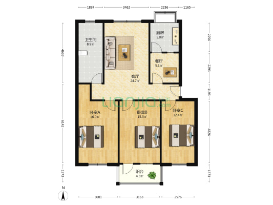 湖北省科学技术厅住宅小区 3室2厅1卫 109平方