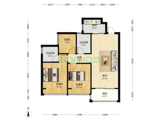 汉荣星樾 3室1厅2卫 95平方
