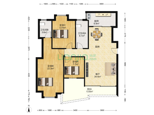 北园新村三期 3室1厅2卫 127平方