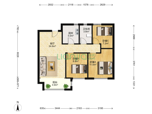 龙湖锦璘原著三期 3室1厅1卫 88平方