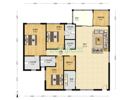 神洲大厦 3室1厅4卫 146平方